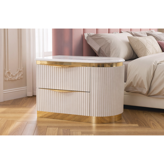 Sunvega White and Gold Lacquered 2-Drawer Nightstand with Soft-Closing Drawers