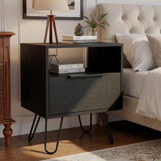 Sunvega Black Nightstand with Hairpin Legs, Open Shelf, and Single Door Cabinet