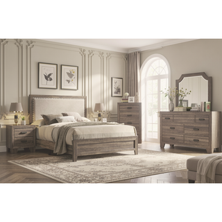 Sunvega Brown Cherry Finish Contemporary Fabric Panel Bed in One Box