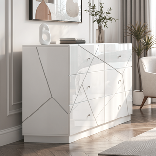 Sunvega Ultra Modern White Finish Nightstand with 2 Drawers and Embossed Lines Design