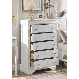 Sunvega Modern Metallic Gray Wood 5-Drawer Chest with Textured Surface and Crystal Knobs