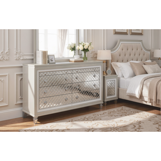 Sunvega Cross Glam Champagne Dresser with Mirror Accents and Spacious Drawers