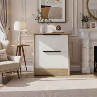 Sunvega Modern Nightstand with Two Drawers in White and Light Oak Finish