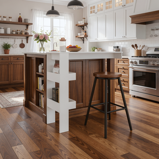 Sunvega White Bar Table with Three Open Side Shelves for Convenient Storage