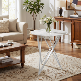 Sunvega White and Chrome Faux Marble Round Top Bar Table for Contemporary Style