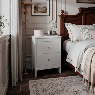 Sunvega Compact White Nightstand with 2 Smooth-Gliding Drawers for Bedroom Storage