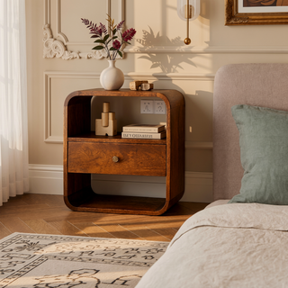 Sunvega Solid Mango Wood Chestnut Finish Nightstand with Drawer and Open Slots