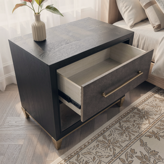 Sunvega Contemporary Dark Wood Nightstand with Brushed Gold Hardware and Tapered Legs