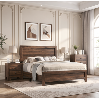 Sunvega Brown Cherry Finish Contemporary Fabric Panel Bed in One Box