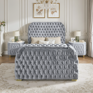 Sunvega Oval Faux Marble Top Nightstand with Two Drawers and Button Tufted Black Fabric