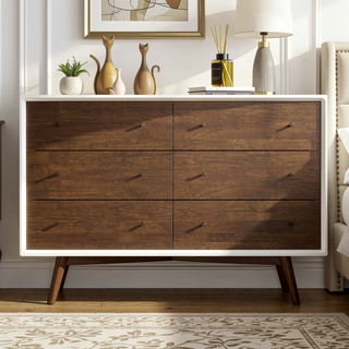 Sunvega Mid Century Modern White Dresser 6 Drawer Solid Wood Storage for Bedroom
