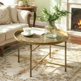 Sunvega Gold Vintage Metal Coffee Table with Hammered Tray Top for Living Room