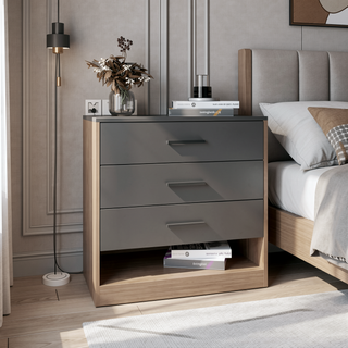 Sunvega 27" High Three Drawer Dresser And Open Shelf In Gray Oak