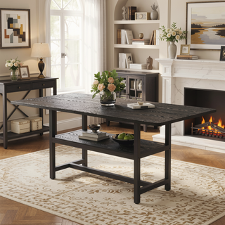 Sunvega Minimalist Dining Table with Walnut Textured MDF Top and Storage Shelf