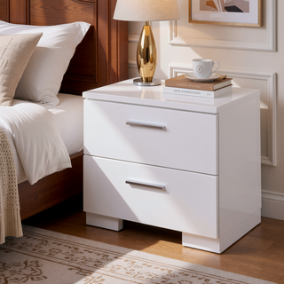 Sunvega Sleek White Nightstand with Chrome Legs and Two Spacious Drawers