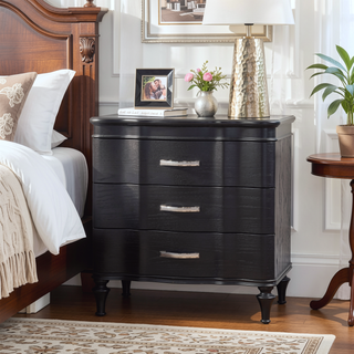 Sunvega Glam Modern Black Nightstand with Curved Front Panels and Turned Wood Leg