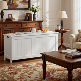 Sunvega White Wooden Storage Chest with Two Safety Hinges and Side Handles