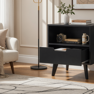 Sunvega Modern 1-Drawer Nightstand with Open Cubby and Sleek Cutout Handles