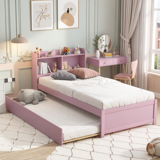 Sunvega White Twin Trundle Bed with Storage Headboard and Bookcase