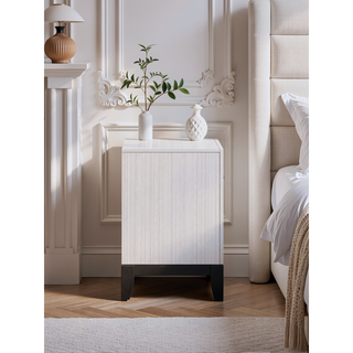 Sunvega White Laminate Nightstand with Wood Grain Detailing and Two Spacious Drawers