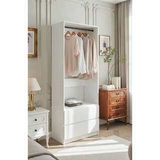 Sunvega White Wood Walk-In Closet with Two Rods and Oak Finish