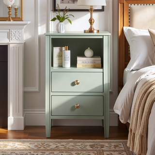 Sunvega Antique White Winston 2-Drawer Nightstand with Open Shelf and Fluted Legs