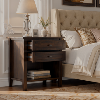 Sunvega Tobacco Brown Solid Pine Wood Nightstand with Two Drawers and Open Shelf