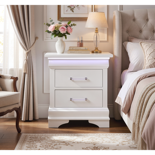 Sunvega White 2 Drawer Nightstand with Spacious Storage and LED Lighting