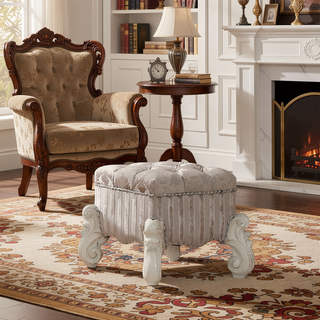 Sunvega Ivory and Bone White Vanity Stool with Nailhead Trim and Button Tufted Backrest