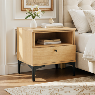 Sunvega Modern Light Oak Nightstand with Drawer and Shelf for Bedroom