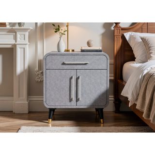 Sunvega PU Wrapped Nightstand with Storage Drawer and Cabinet on Wooden Legs