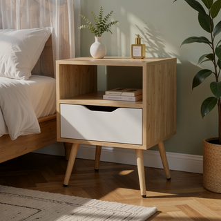 Sunvega Natural Oak and White Nightstand with Open Storage for Décor