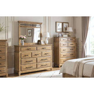Sunvega Caramel Finish 9-Drawer Dresser with Elm Veneers and Black Metal Pulls