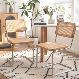Sunvega Modern Mid Century Velvet Rattan Dining Chairs with Chrome Legs Set of 2