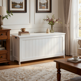 Sunvega White Wooden Storage Chest with Two Safety Hinges and Side Handles