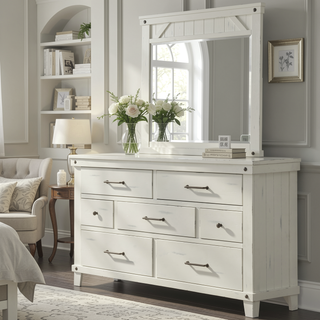 Sunvega 7 Drawer Dresser with Burnished Brass Hardware and Medium Distressing