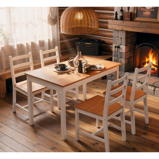 Sunvega Rustic Pine Wood Dining Table Set with Four High Back Chairs