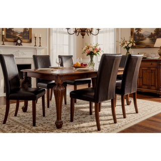 Sunvega Espresso Brown Finish Faux Marble Top Dining Table with 4 Cushioned Chairs