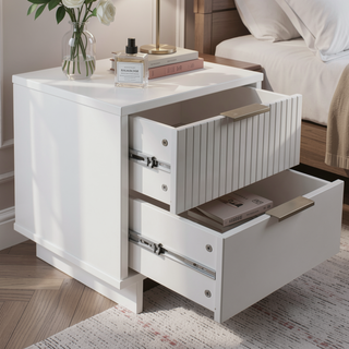 Sunvega Modern Glam Nightstand with Gold Steel Handles and Solid Wood Drawers