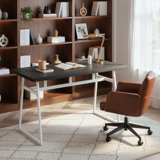 Sunvega Industrial Dining Table with Vintage White Metal and Espresso Wood-Pressed Grain Bamboo Top