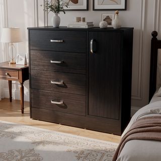 Sunvega Wenge 4-Drawer Dresser with Side Cabinet in Rich Dark Wood Grain Finish