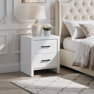 Sunvega Fully Assembled Nightstand with V Shape Embossing and Black Handles