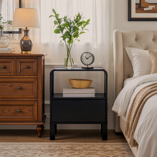 Sunvega Modern Minimalist Curved-Top Solid Pine Wood Nightstand with Drawer and Cubby