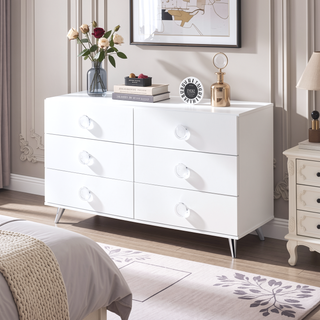 Sunvega White 6-Drawer Dresser with Chrome Hardware and Metal Hairpin Legs