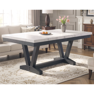 Sunvega Modern Dining Table with Genuine Marble Top and Black Trestle Base