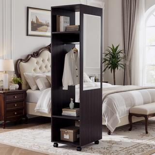 Sunvega Wenge 3-Shelf Wardrobe with Mirror and Open Storage for Bedroom