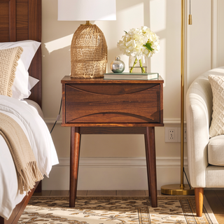 Sunvega Mid-Century Modern Walnut Nightstand with Curved Drawer and Tapered Legs