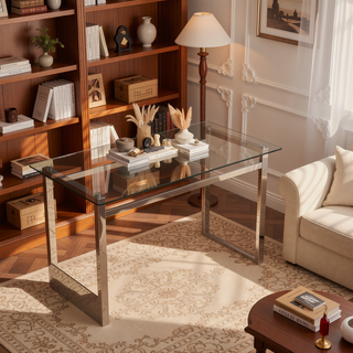 Sunvega Modern Minimalist Rectangular Glass Dining Table for 4-6 with Silver Chrome Metal Legs