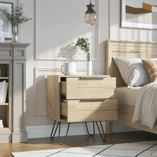 Sunvega Modern Hairpin Leg Nightstand with Two Drawers in Light Oak