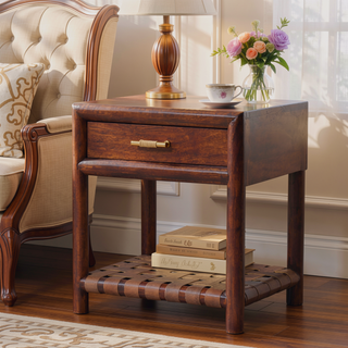 Sunvega Chestnut T-Bar Bedside with 1 Spacious Drawer and Woven Shelf